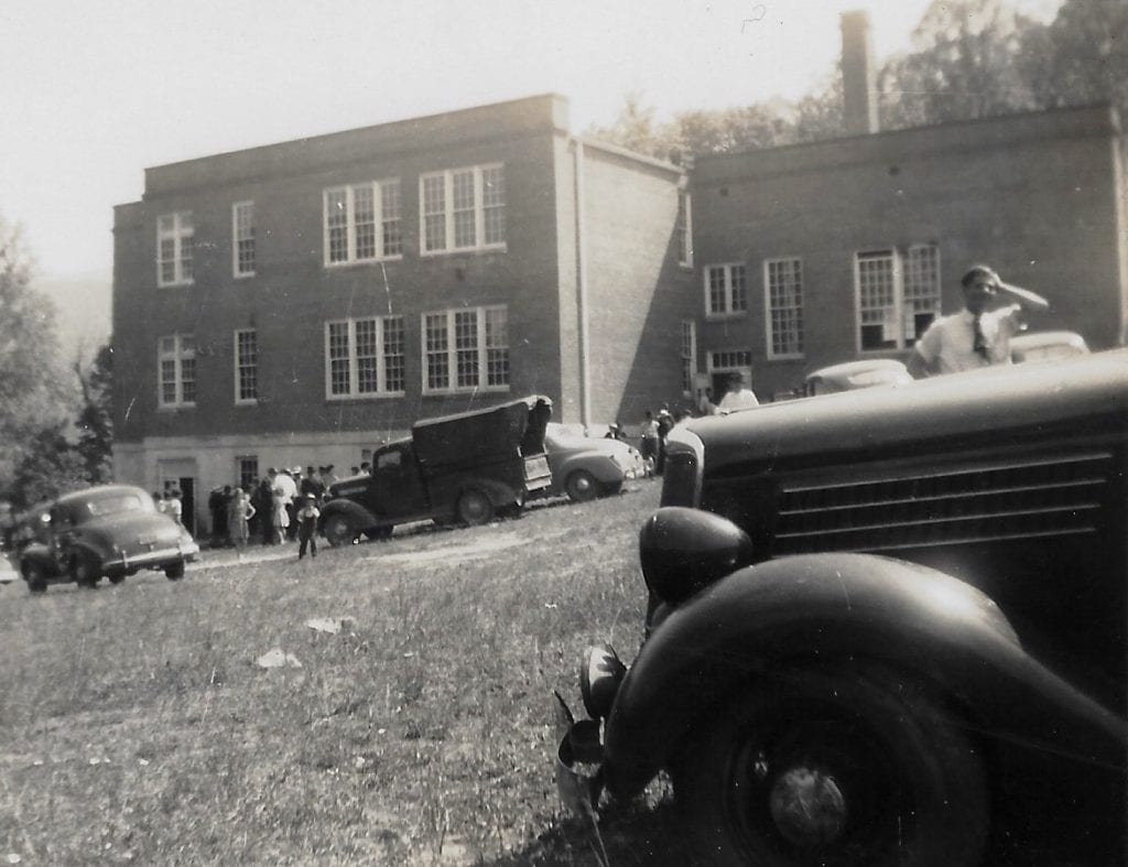 1947 cars and people at school house