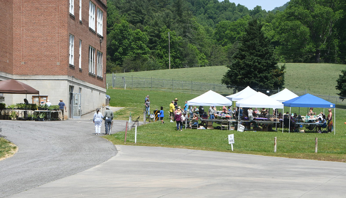 Long shot of the Sandy Mush Community Center Spring Fling 2021. On the right five temporary tents - four with a white cloth canopy, and one blue canopy. The food, vendors group under the tents. On the left the plant exchange is position in a corner of the Sandy Much Community Center (SMCC) building. Two floors of and the basement door can be seen. With eight sets of windows with bright white frames. The background is a large open field with large trees covering the background with a clear blue sky. 
